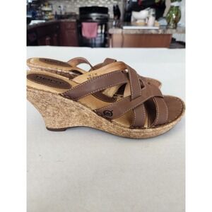 Born Brown Leather Strappy Cork Wedge Sandals Womens 10 W5489 L6